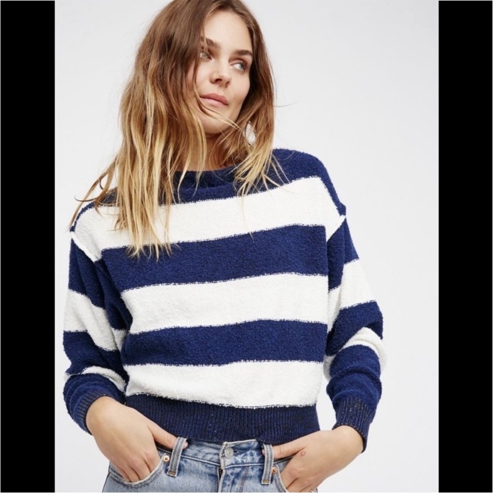 Free People cropped blue & white striped Dolman Sleeve Boatneck Fuzzy Sweater